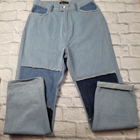 NWT Pitaya blue blush Colorblock Patchwork Fray HW Denim Jeans size Medium - Picture 9 of 16